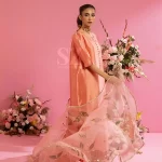 CORAL – Sunset Coral Straight Shirt with Hand-Embellished Floral Dupatta