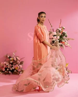 CORAL – Sunset Coral Straight Shirt with Hand-Embellished Floral Dupatta