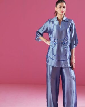Blue Sheesha Silk Embroidered Outfit